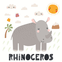 Cute funny rhinoceros, African savanna landscape, isolated on white. Hand drawn wild animal vector illustration. Scandinavian style flat design. Concept for kids fashion, textile print, poster, card