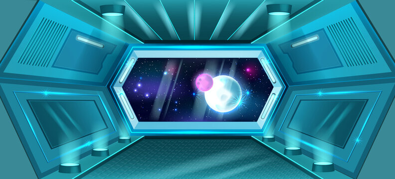 Space ship interior background, inside rocket station, spacecraft window, futuristic shuttle hall, planet. Technology fantasy game corridor illustration, universe star, scifi concept. Metal space ship