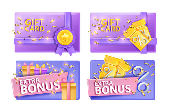 3D voucher gift coupon, loyalty program card, discount present certificate set, shopping extra bonus. Promotion special offer flyer, customer birthday holiday reward, VIP badge. 3D voucher design kit