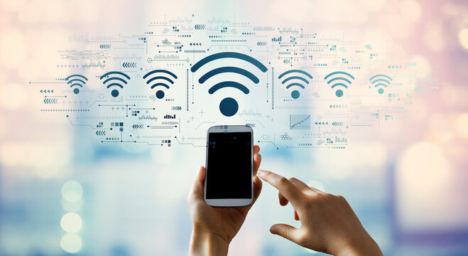 Wifi theme with person using a smartphone