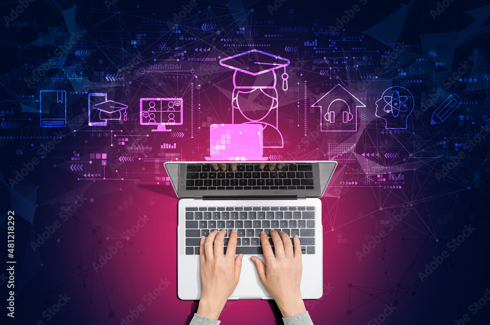 Aufkleber distance learning theme with person using a laptop computer
