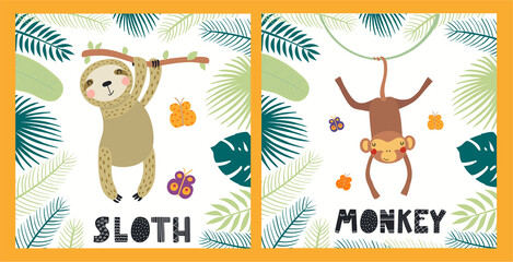 Cute funny animals, sloth, monkey, tropical landscape. Posters, cards collection. Hand drawn wild animal vector illustration. Scandinavian style flat design. Concept for kids fashion, textile print.