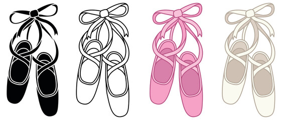 Ballet Shoes with Ribbon Laces Clipart Set - Outline, Silhouette, Pink and White © ATerra