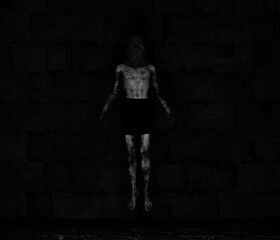 Illustration of an emaciated dirt covered man with glowing eyes floating off the ground of a dingy dungeon cell