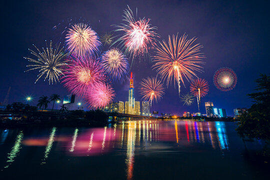 Celebration. Skyline with fireworks light up sky over Landmark 81 skyscraper in Ho Chi Minh City ( Saigon ), Vietnam. Beautiful night view cityscape.