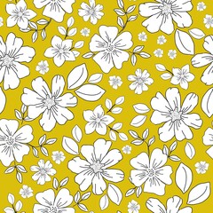 Vintage pattern. Wonderful white flowers and leaves. Yellow background. Seamless vector template for design and fashion prints.