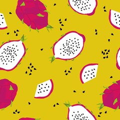 Simple seamless dragon fruit pattern. Yellow background. An illustration of an exotic tropical pitai. Fashionable print for textiles, wallpaper and packaging.