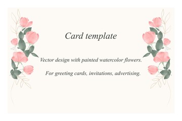 Card template. Greeting card, invitation with a place for text on a pink background. Pink watercolor flowers with greenery and branches. Vector
