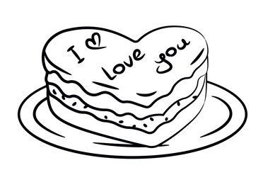 A simple drawing of a heart shaped cream cake. Pie on a plate. Sponge cake with a filling and the inscription 