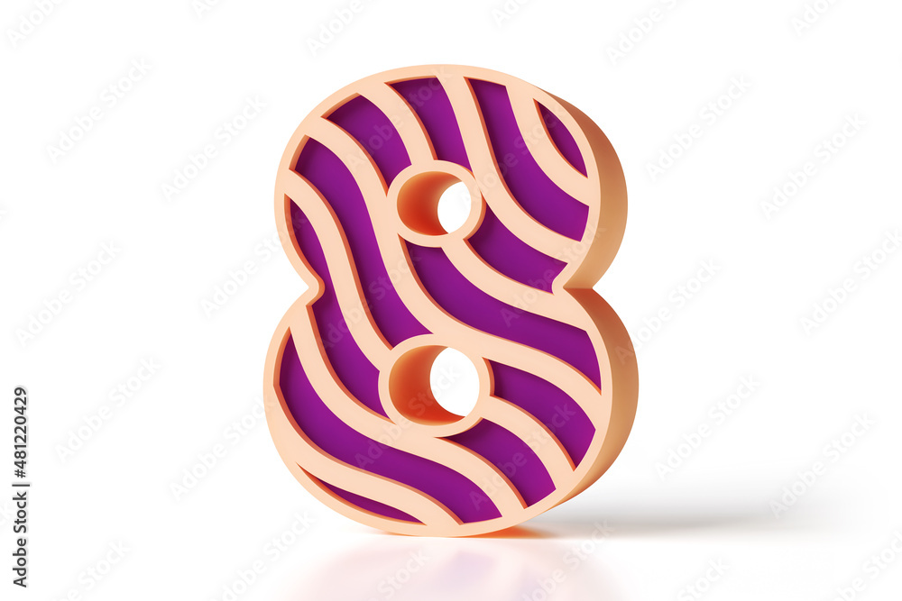 Poster vivid 3d number 8 designed with a peachy wave pattern and violet interior color. high quality 3d ren