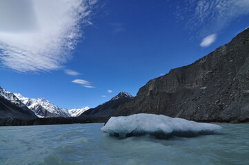 Glacier lake and ice in New Zealand