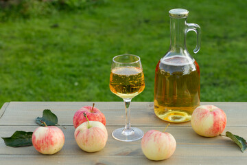 A glass of apple wine,cider, juice . Ripe summer apples are lying nearby