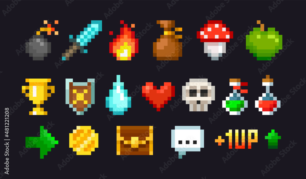 Poster pixel graphics icons and objects for 8-bit retro game design. potion, sword coin and heart. pixel ga