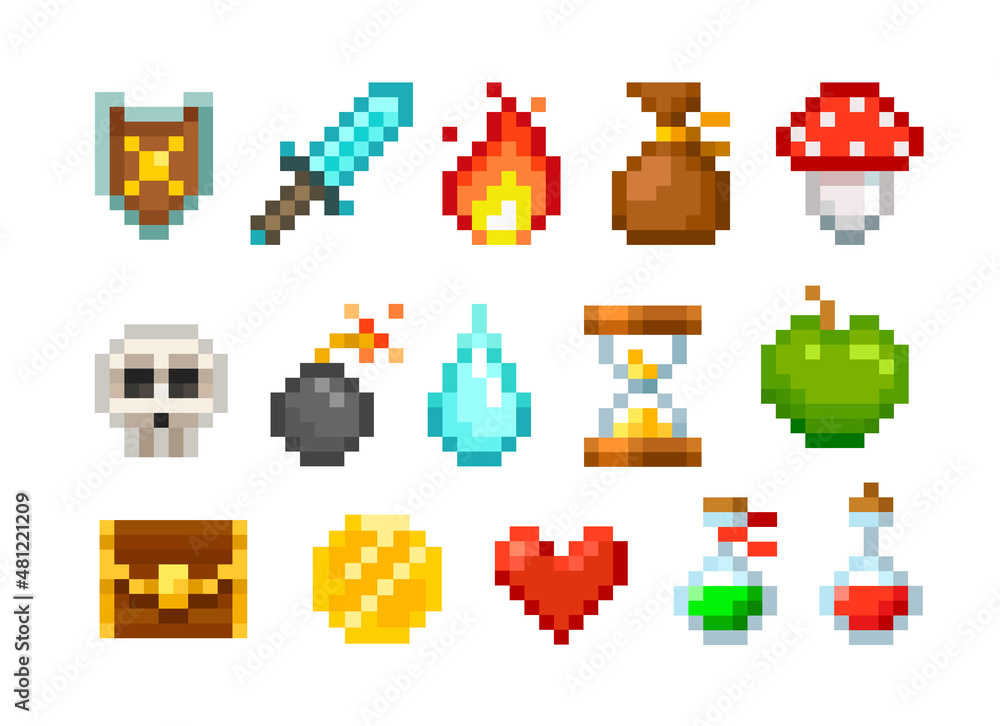 Poster 8-bit pixel art graphics icon set for retro game design. potion, sword coin and heart. pixel game lo