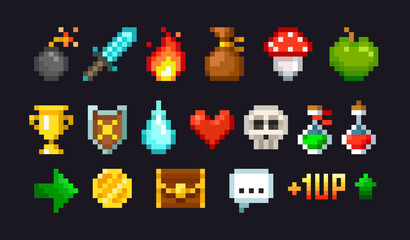 Obraz na płótnie Canvas Pixel graphics icons and objects for 8-bit retro game design. Potion, sword coin and heart. Pixel Game loot set of shield, sword, potion, bottle, heart, skull, fire, apple, hourglass