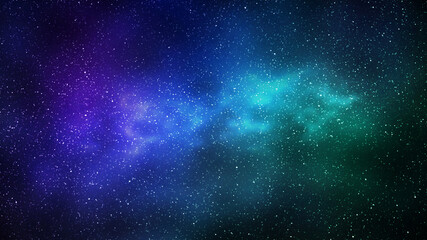 Night starry sky and bright blue green galaxy, horizontal background