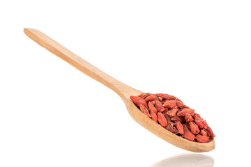 Dried sweet goji berries with wooden spoon, close-up, isolated on white.