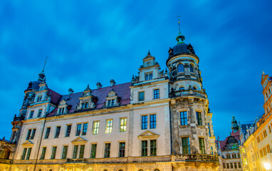 Fototapeta na wymiar Sunset view of major city landmarks and buildings from Altmarkt Square in Dresden, Germany,