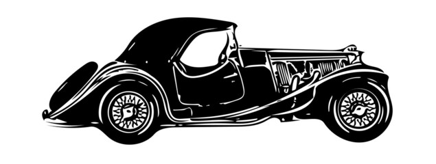 vintage retro car sketch on a white background. classic retro car with soft top, side view.