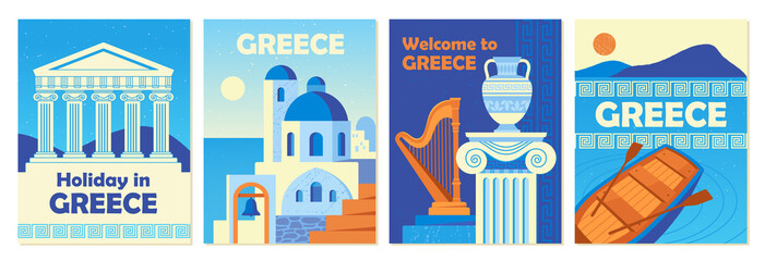 Trendy Greek poster set. Banners with columns, antique buildings, temples and vintage jugs. Design elements for advertising tourist tours. Cartoon flat vector collection isolated on white background - obrazy, fototapety, plakaty