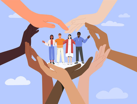 Solidarity and unity concept. People of different nationalities and skin colors hold hands and support each other. International collaboration and teamwork. Cartoon modern flat vector illustration