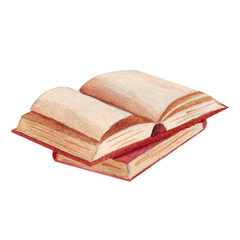 Watercolor sketch of stack of books isolated on white background. Opened vintage book