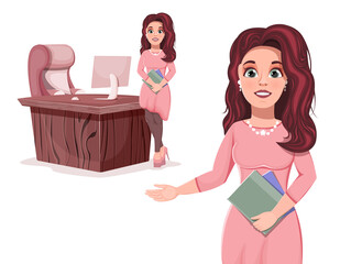 A beautiful business girl with notebooks stands near the office table. Cartoon character