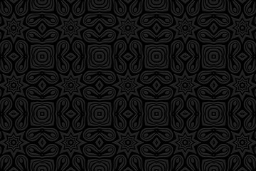 Relief distinctive black background, vintage cover design, ethno style. Geometric monochrome 3D pattern, Motifs of the peoples of the East, Asia, India, Mexico, the Aztecs.