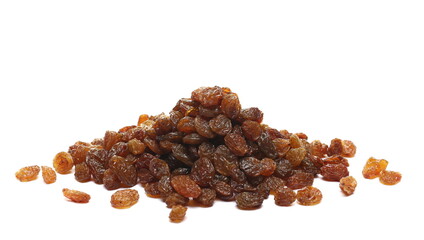 Pile raisins isolated on white background
