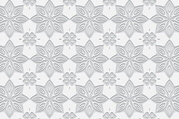 Embossed floral light background, vintage cover design, ethno style. Geometric monochrome 3D pattern, Motifs of the peoples of the East, Asia, India, Mexico, the Aztecs.