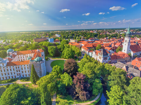 Panoramic aerial view of Celle medieval skyline on a clear sunny day, Lower Saxony - Germany.