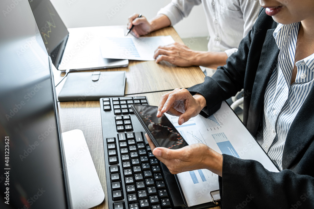 Poster business team investment working with computer, planning and analyzing graph stock market trading wi