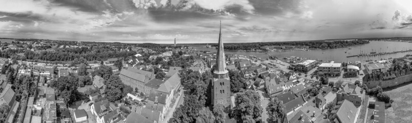 TRAVEMUNDE, GERMANY - JULY 22, 2016: Panoramic aerial view of Travemunde skyline on a clear sunny day.