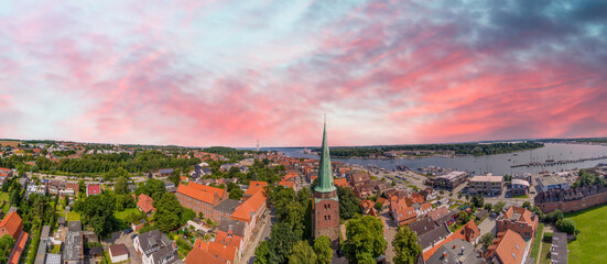 Panoramic aerial view of Travemunde cityscape on a clear sunny day, Lubeck District - Germany.
