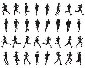 Black silhouettes of runners on a white background	