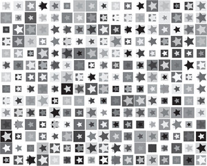 Seamless pattern with gray stars and squares on a white background