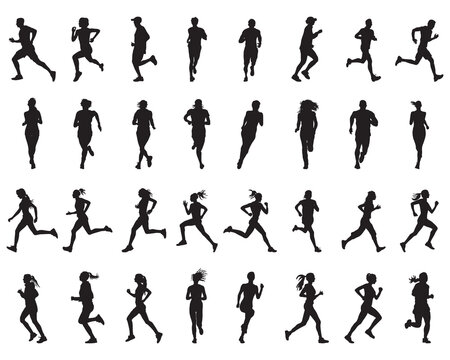 Black silhouettes of runners on a white background	