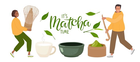 Tiny woman and man cooking green matcha tea, Traditional japanese beverage. Woman carrying brush for whipping tea. Man holding spoon. It is Matcha Time lettering. Flat cartoon vector illustration