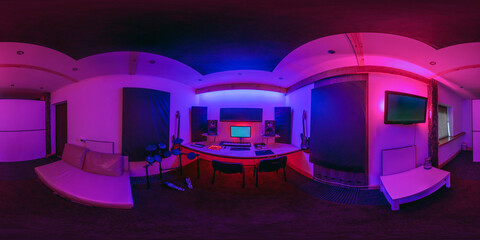 full seamless hdr 360 panorama inside recording music studio with neon light in equirectangular...