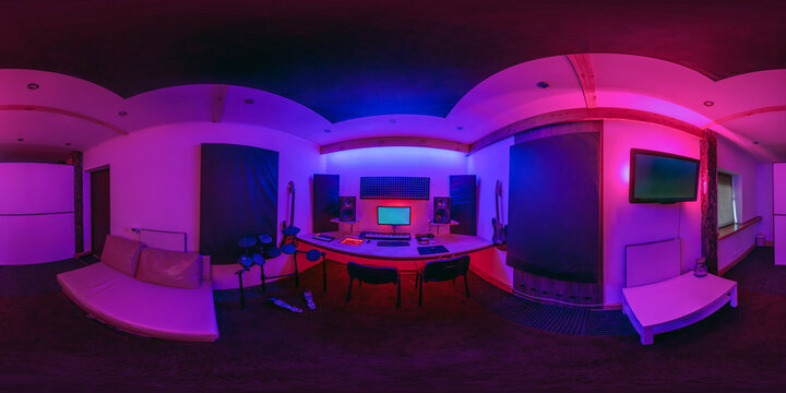 full seamless hdr 360 panorama inside recording music studio with neon light in equirectangular spherical projection