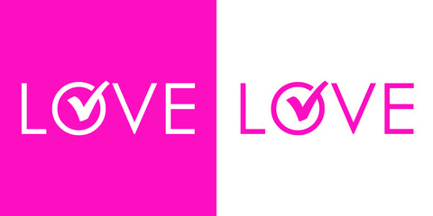 Banner con texto Love con cheque en letra O como casilla de verificación con checkmark con líneas para su uso en invitaciones y tarjetas de felicitación