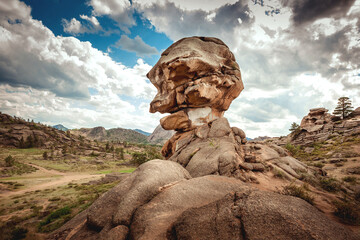 Rock Kempirtas or stone head in Bayanaul National Park. Unusual rocks