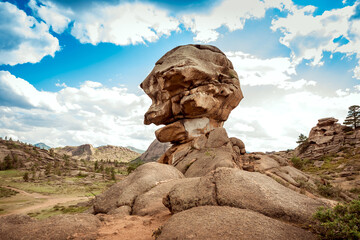 Fototapeta na wymiar Rock Kempirtas or stone head in Bayanaul National Park. Unusual rocks