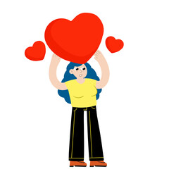 Woman stand with heart. Young female character. Romance and love. Girl with a cute gift. Flat cartoon illustration