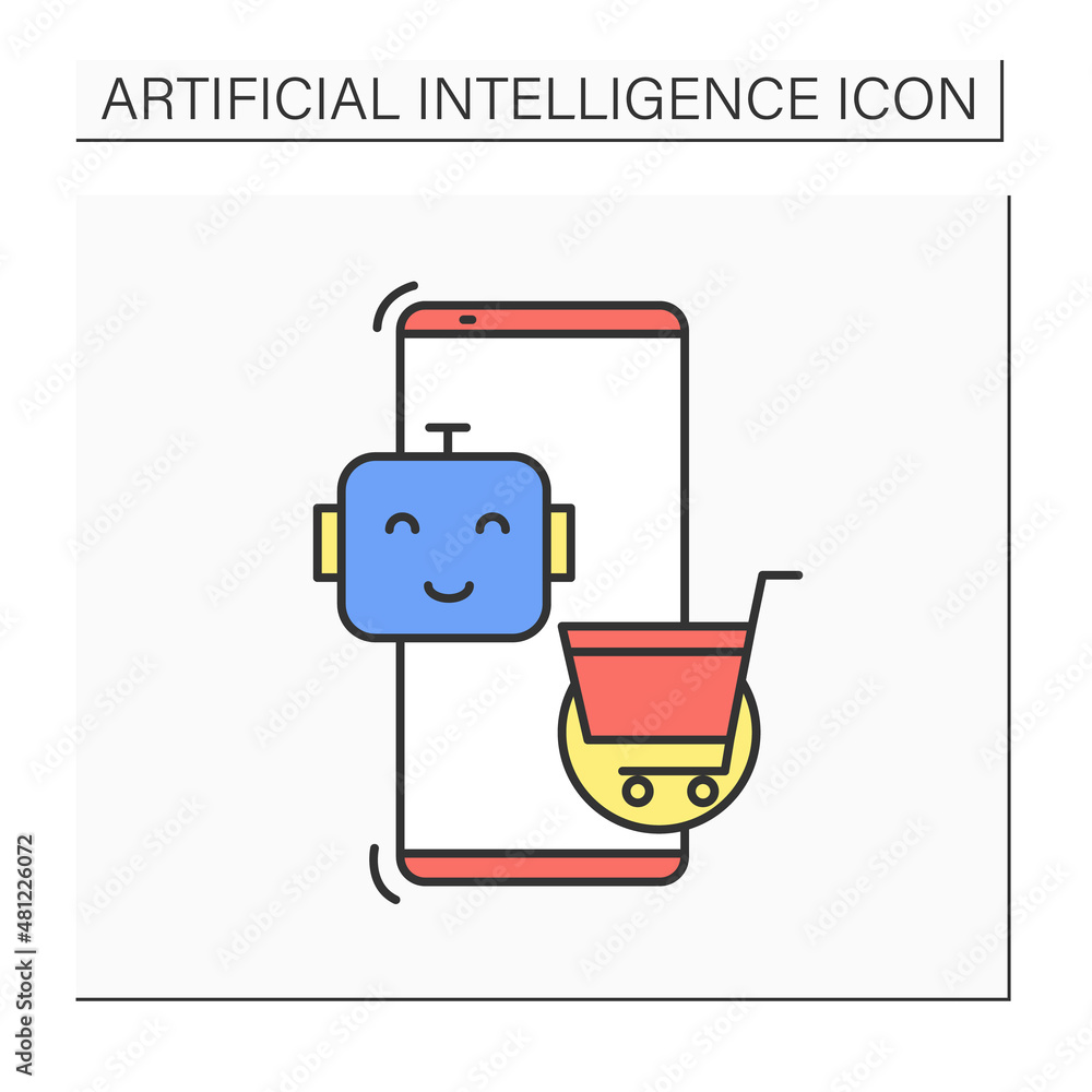 Poster ai in e-commerce color icon. smartphone, robot and shopping cart.mobile technology and mobile sale d