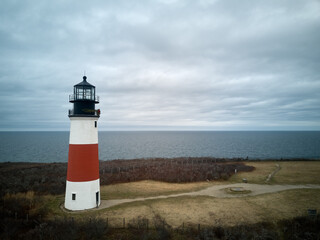 Aerial Drone image of the Sankaty Lighthouse on Nantucket Island Cape Cod currently operated by the USCG
