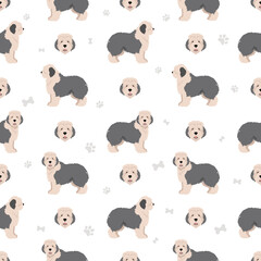 Old English sheepdog seamless pattern. Different poses, coat colors set.