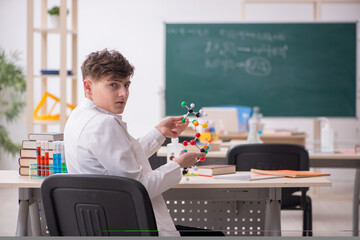 Schoolboy studying chemistry in the classroom