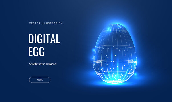 Easter egg in tech futuristic style. Greeting card with abstract 3d egg with circuit board texture. Glowing digital vector illustration