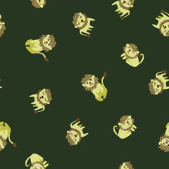 Seamless repeat pattern illustration scattered cute lions on green background